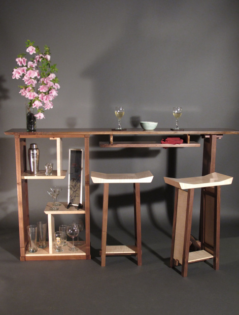 narrow walnut bar with bar cabinet, open tiger maple display shelving, minimalist, modern, solid wood furniture