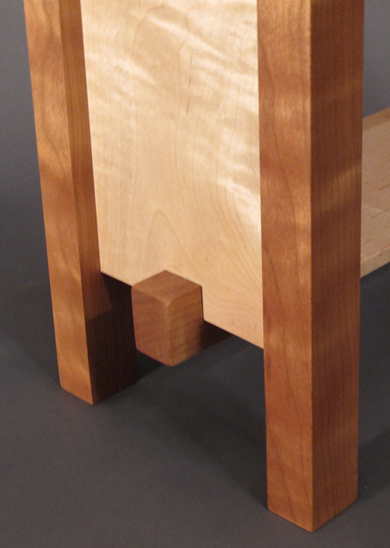 modern bar stool in tiger maple and cherry, handmade custom furniture with interesting joinery detail
