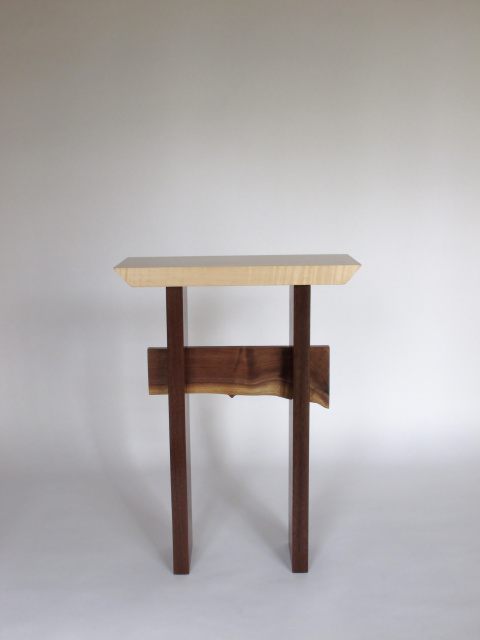 A minimalist wood table in Tiger Maple and Walnut with a live edge table stretcher- for a small narrow accent table, side table or small wood entry table.  Handmade in the USA