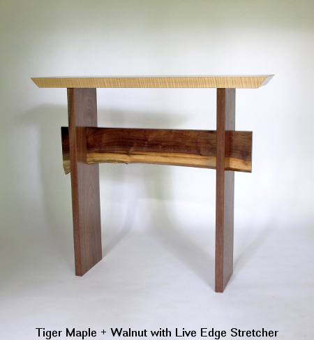 A narrow hall table with a live edte table stretcher- modern wood console table for narrow hall, entry table sofa table or artistic side table.  Pictured here in Tiger Maple with Walnut