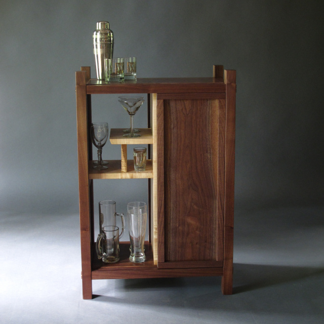 Modern Bar Cabinet- liquor cabinet, dry bar, narrow bar for the home- Walnut and Tiger Maple, Handmade Solid Wood Furniture