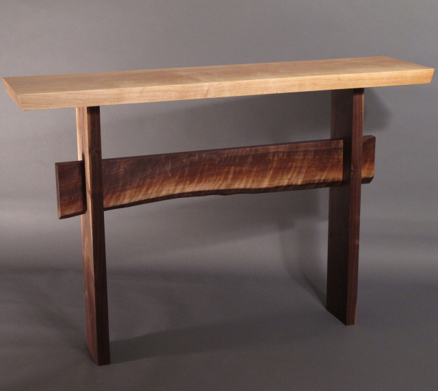 Our Statement Server in tiger maple and walnut with a live edge table stretcher- perfect for a dining room side table but also a lovely hallway table, entryway table or living room accent table